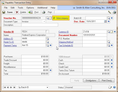 When you enter an Intercompany transaction in Microsoft Dynamics GP Payables Management, the posting must be set to update General Ledger.