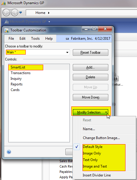 In the image, I right mouse clicked on the blue toolbar, opening the Microsoft Dynamics GP Toolbar Customization Window. I then chose the Main toolbar, the SmartList control that I added and clicked on Modify Selection. From here I can change the icon to text, text and an icon or image, plus more.