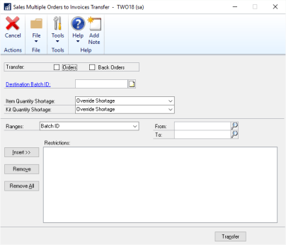 There is an alternative to transferring Microsoft Dynamics GP SOP documents by individual document or batches, called “Sales Multiple Orders to Invoice Transfer.” 