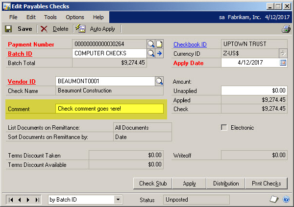 While visiting with a client this week, I was asked how a comment can be placed on a Microsoft Dynamics GP AP check. Apparently this client needs to occasionally, for a few specific vendors, put information on the comment or memo field of the check itself.
