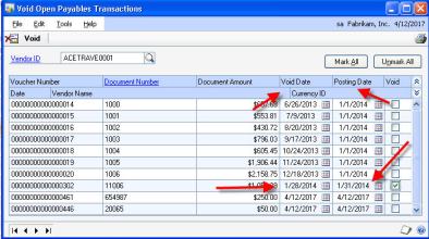 When you void a Microsoft Dynamics GP Payables check or transaction and you just click the box then the void button you’ll be voiding in the GL and in Payables the same date the transaction was originally posted. This may or may not work for you.
